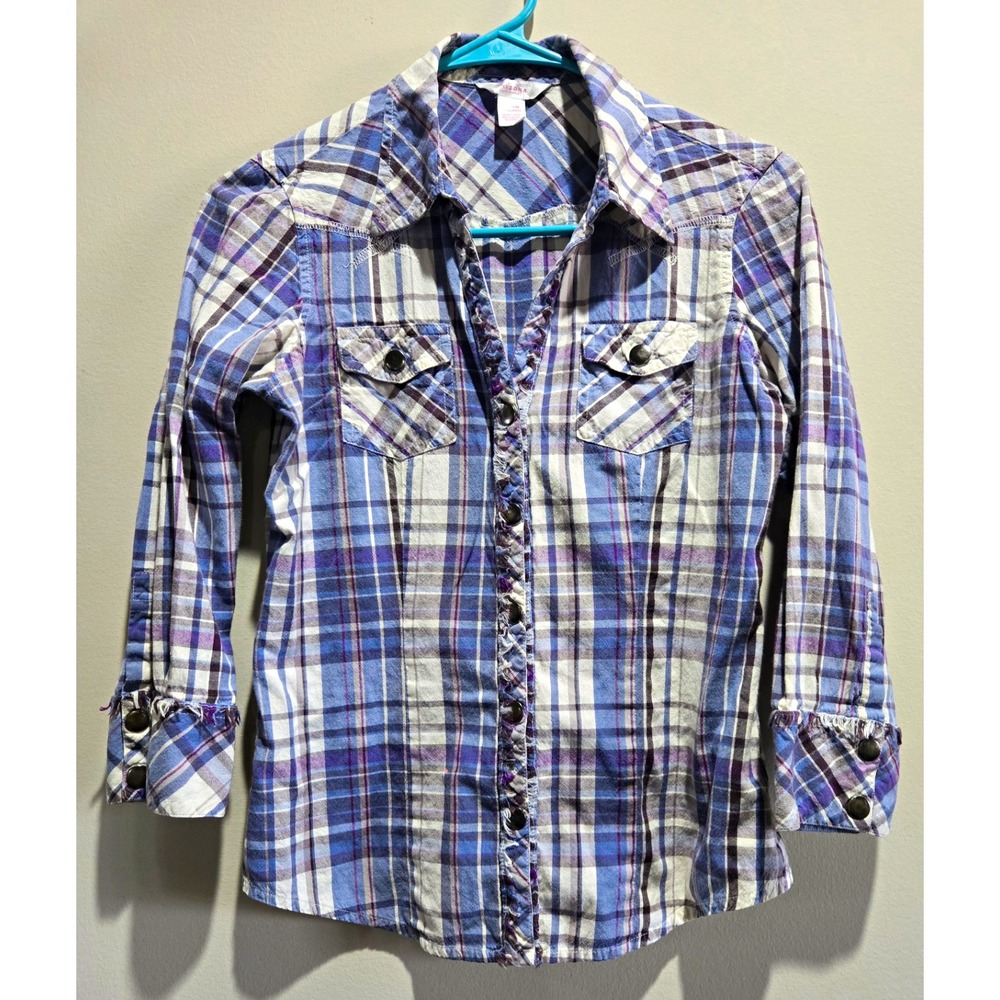 Arizona Jean Co Y2K Women's M Blue Purple White Plaid Shirt  Frayed Snap Buttons